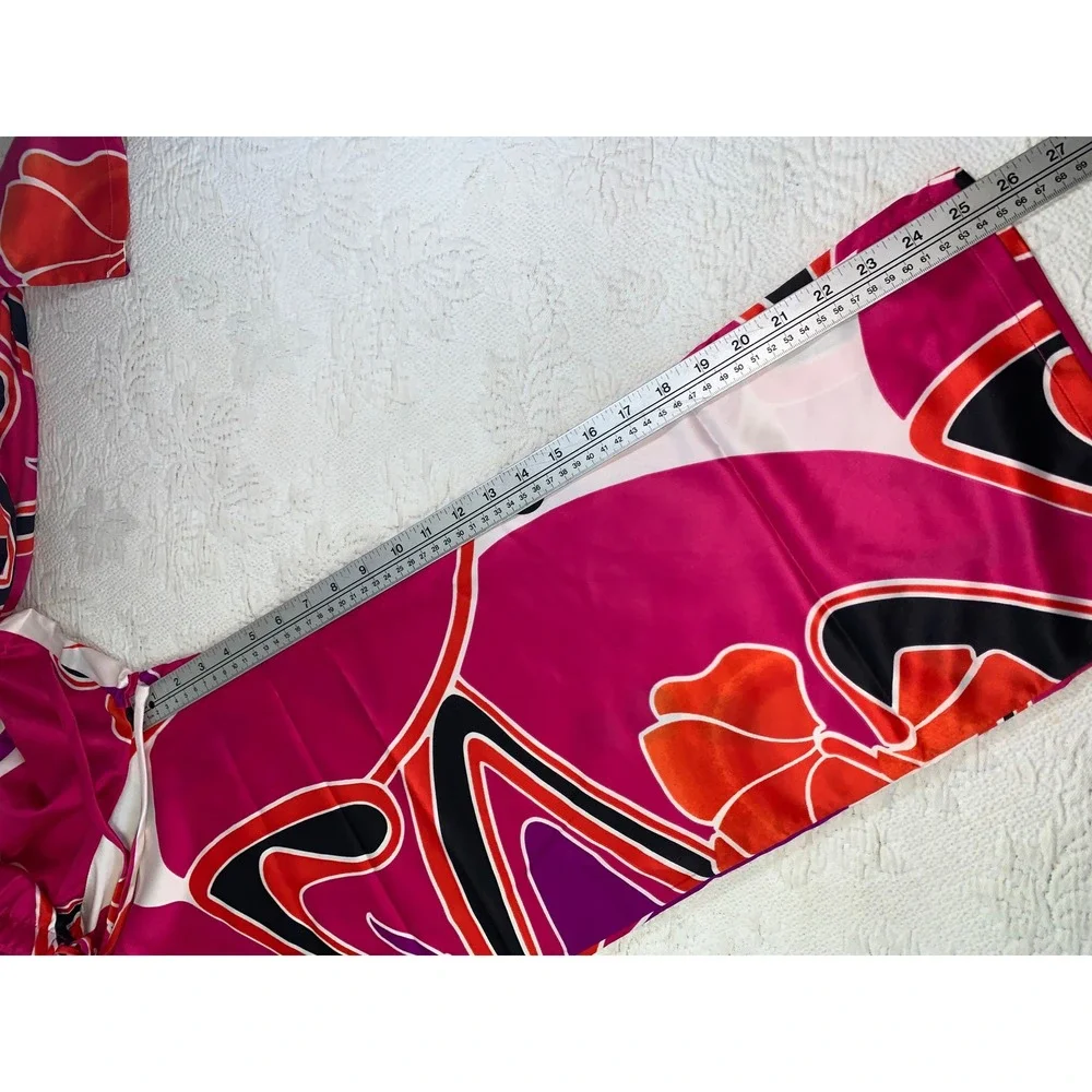 Natori Womens Pajama Set Pink Orange Abstract Floral Satin Button Top Pants S